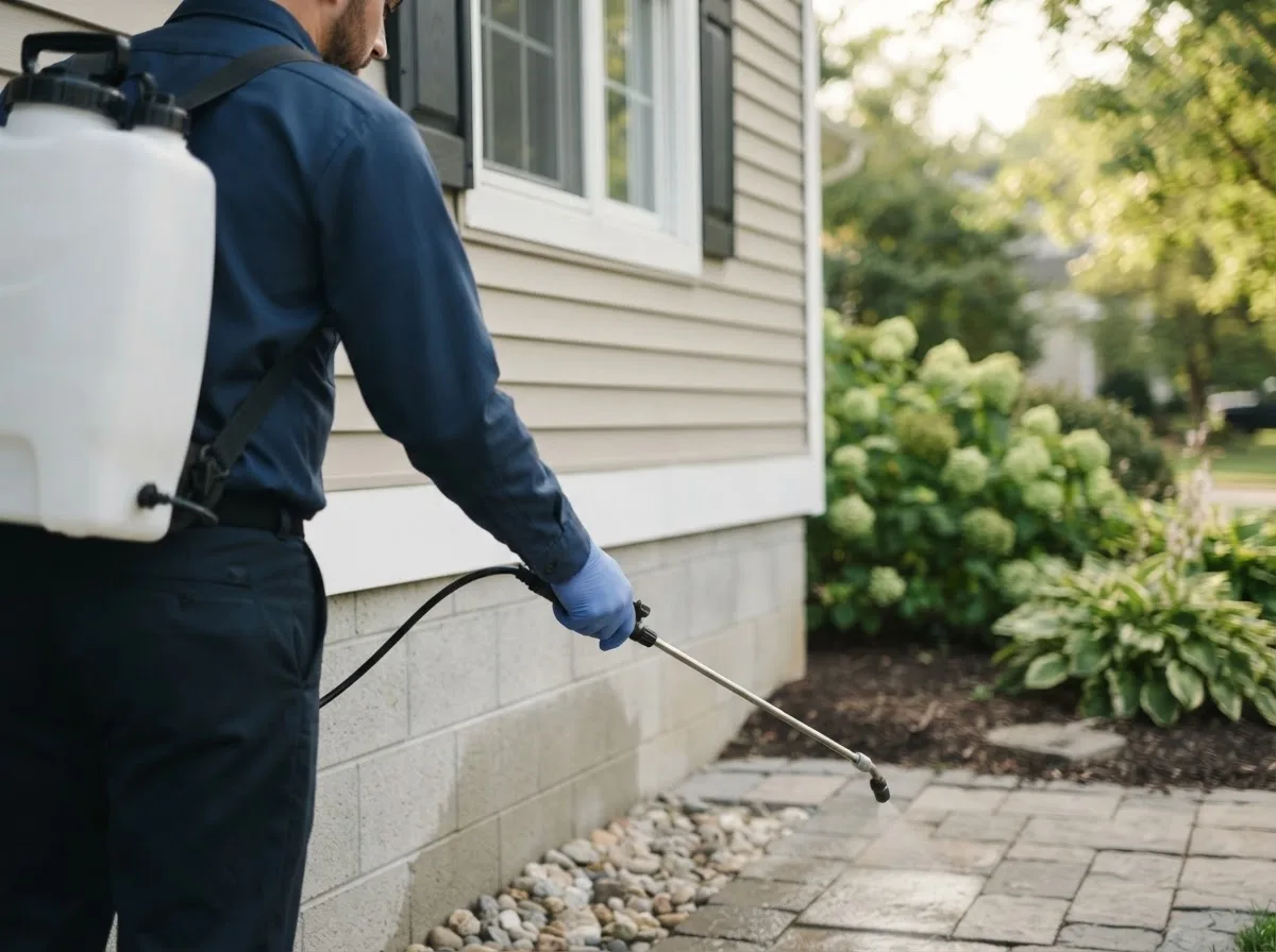 Pest control technician inspecting a home in Terlton, OK